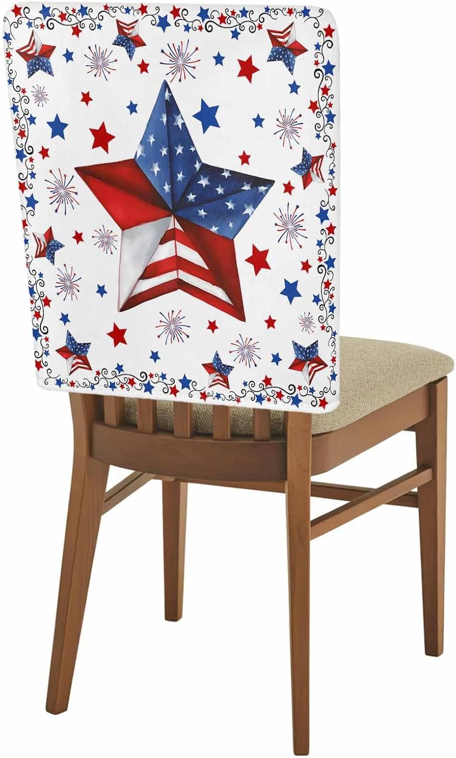 July of 4th Chair Back Covers Set of 6, Dining Back Chair Cover Removable Washable Back Slipcovers, Independence Day Stars Red Blue Kitchen Chair Protector for Wedding Party Housewarming