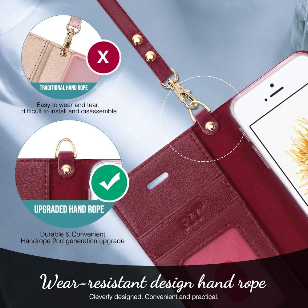 Creative Product FYY Luxury Genuine Leather Wallet Case for iPhone 6/6s, [Kickstand Feature] Flip Phone Case Protective Shockproof Folio Cover with [Card Holder] [Wrist Strap] for Apple iPhone 6/6s 4.7 Wine Red