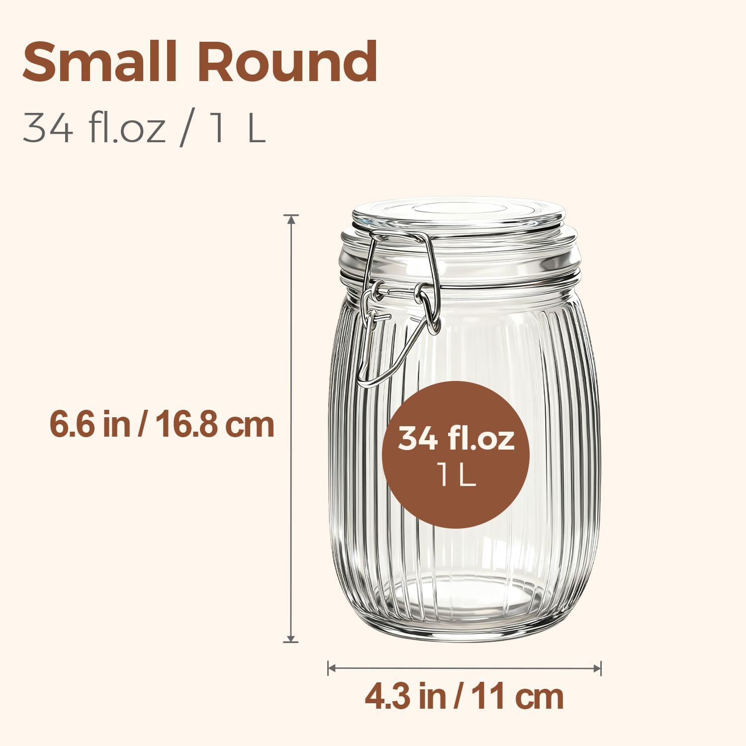 ComSaf Airtight Glass jar with lid 34oz Set of 3, Glass Storage Containers with Lids, Glass Canisters, Striped Clip Fastening Jar for Kitchen Canning, Tea, Pasta, Sugar, Beans, Cookie, Jam, Oat - Image 2