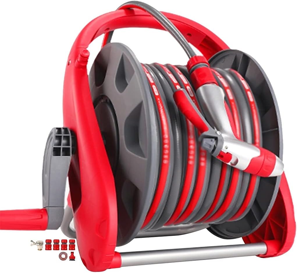 Garden Hose Reel Cart Small,Garden Watering Gun Hose Storage Rack Set, Household Cleaning Pet Bathing Hose Car Tool, Outdoor Irrigation Tool (Color : Gray+Red, Size : +DN15 40m Pipe)