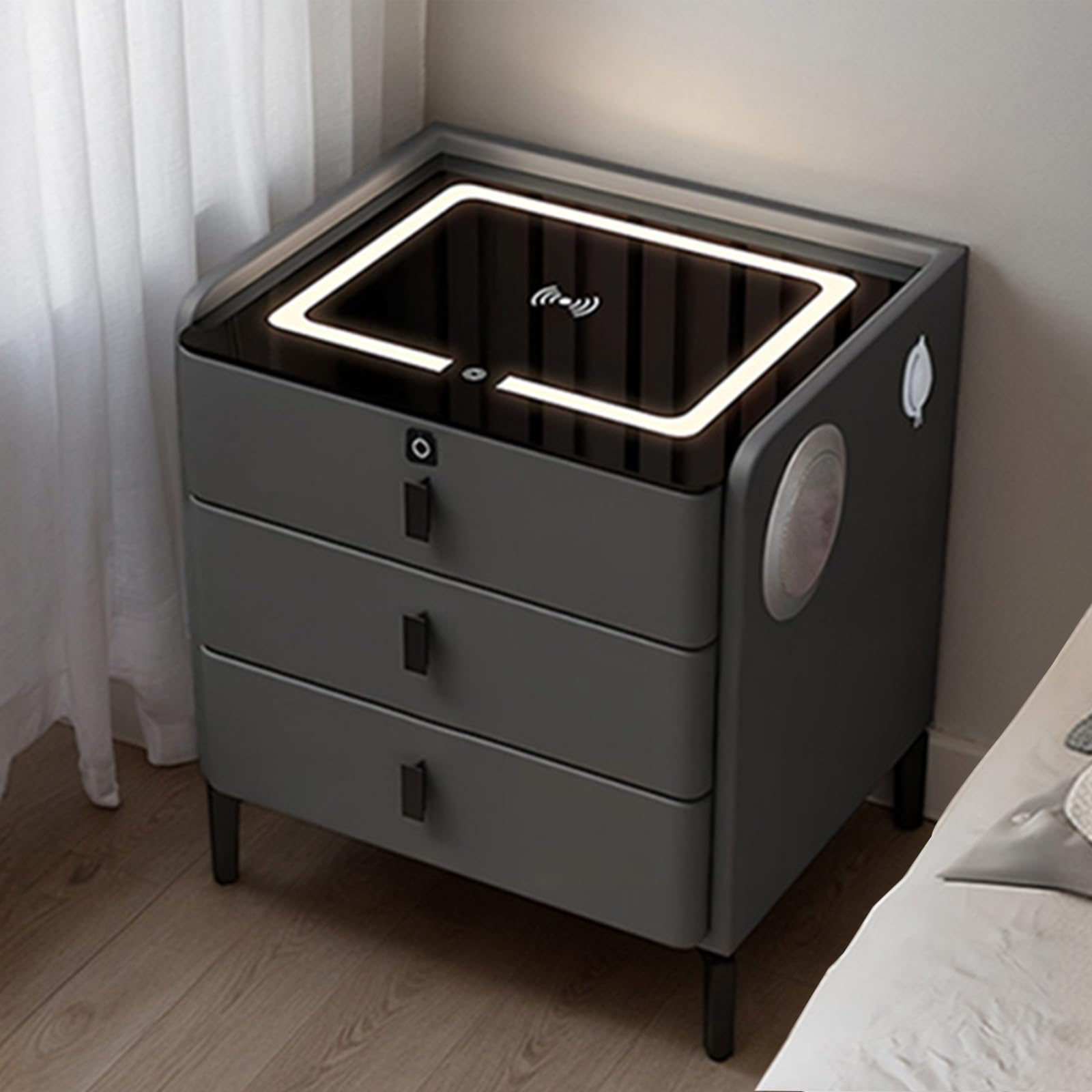 Stoliki końcowe ze stacją ładującą, bezprzewodowy stolik nocny, 3 szuflady, światła LED, porty USB, do salonu, gabinetu