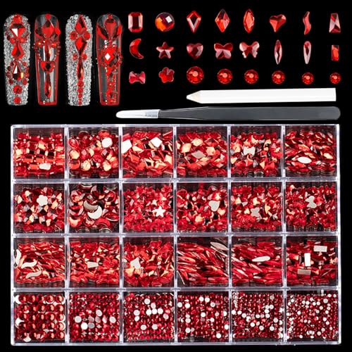 Kaipheiquan Red Nail Rhinestones Kit, 18 Types of 900 Special-Shaped Nail Diamonds + 3200 Flat-Bottomed Nail Rhinestones, 3D Nail Crystal Rhinestones for Nail Art DIY Decorations