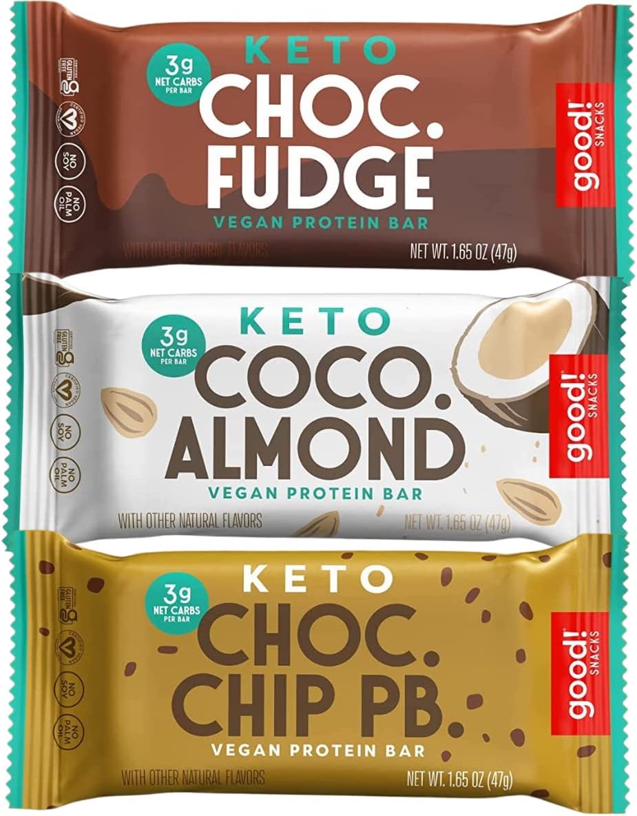 good! Snacks Keto Variety Pack Protein Bar, Vegan, Soy & Gluten Free, Low Sugar Meal Replacement, 10g High Protein, Natural Healthy Snack, For Athletes & Active Lifestyles, 3g Net Carbs,12 Bars
