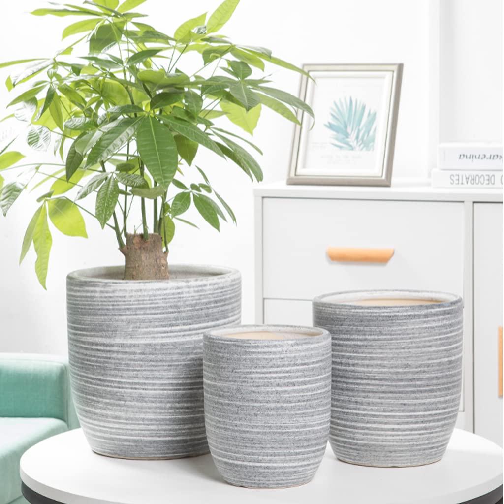Vasi da Giardino Vaso da Fiori in Ceramica con Linea Grigia Spazzolata, Decorazione Domestica Moderna, vasi per Piante da 6/8/10 Pollici con Fori di Scarico e piattino