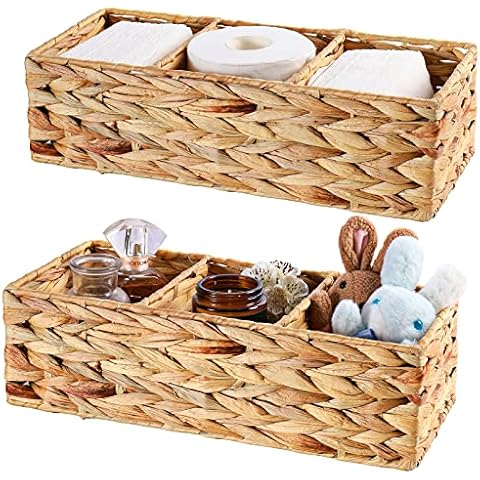 Vagusicc 3-Section Wicker Baskets for Shelves, Hand-Woven Water Hyacinth Wicker Storage Basket, Toilet Paper Basket for Toilet Tank Top, Baskets for Organizing Bathroom Kitchen, 2-Pack Cover