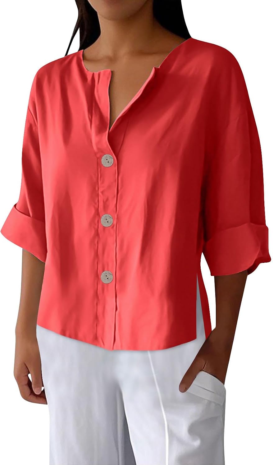 Women's Cotton Linen Tops 3/4 Roll-Up Sleeve Button Down V Neck Shirts Summer Casual Loose Solid Blouses Tunic Tops