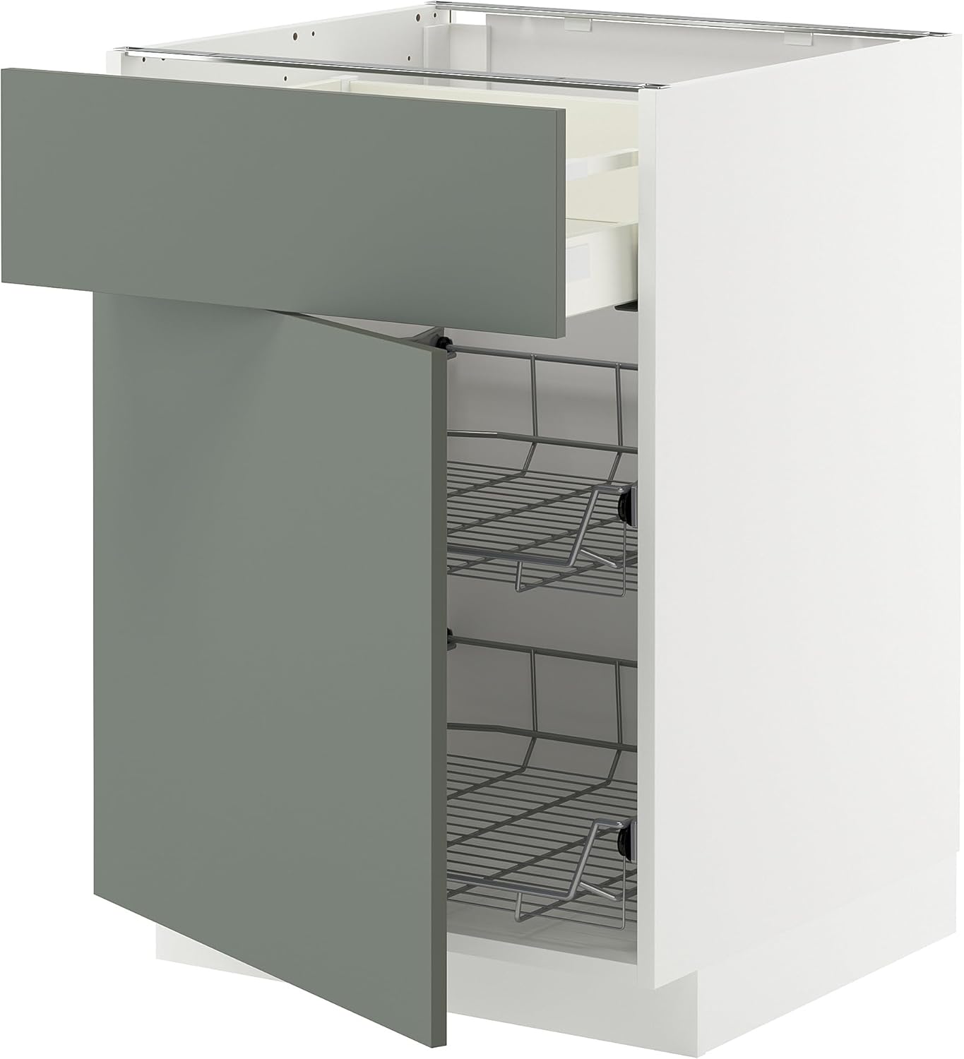 METOD/MAXIMERA Base Cab with Wire Basket/Drawer/Door, White/Nickebo Matte Grey Green, 60x60cm