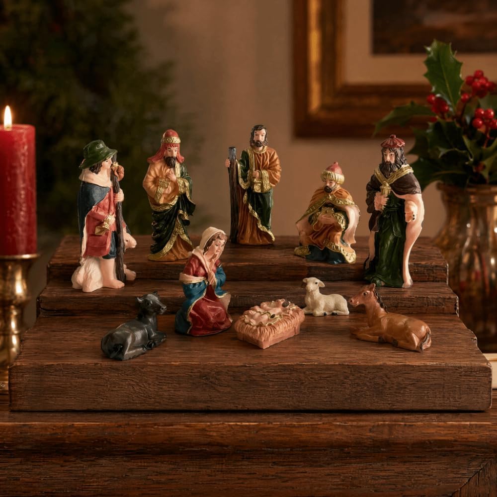 Christmas Nativity Figurine Set, 10-Piece Resin Tabletop Scene | Mary and Herder Figures, 0.78-1.96 in Pieces, 8.66 x 7.48 in Layout, Desk Area Display