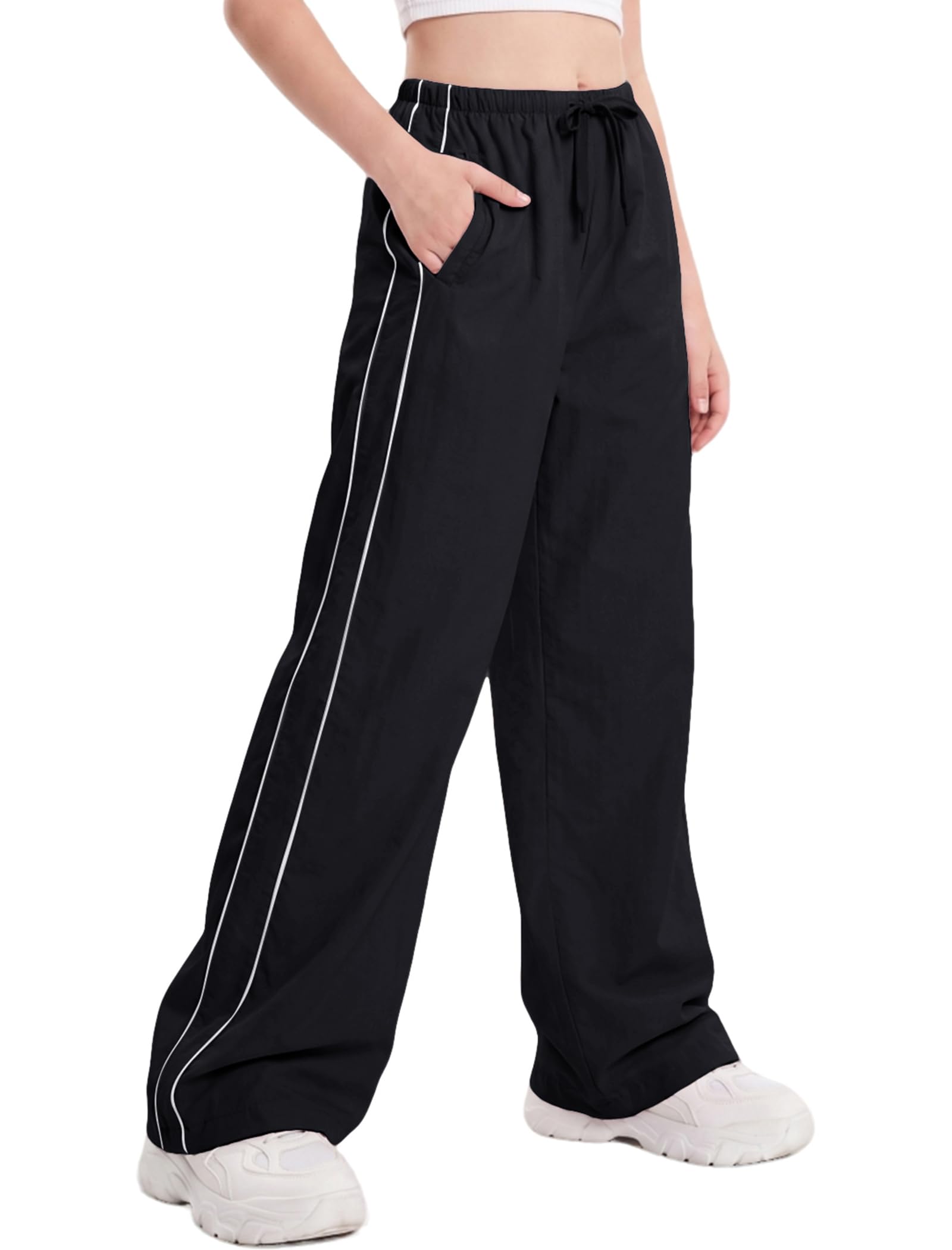 EXARUS Girls Parachute Pants Cargo Hip Hop Wide Leg Baggy Y2K Teen
