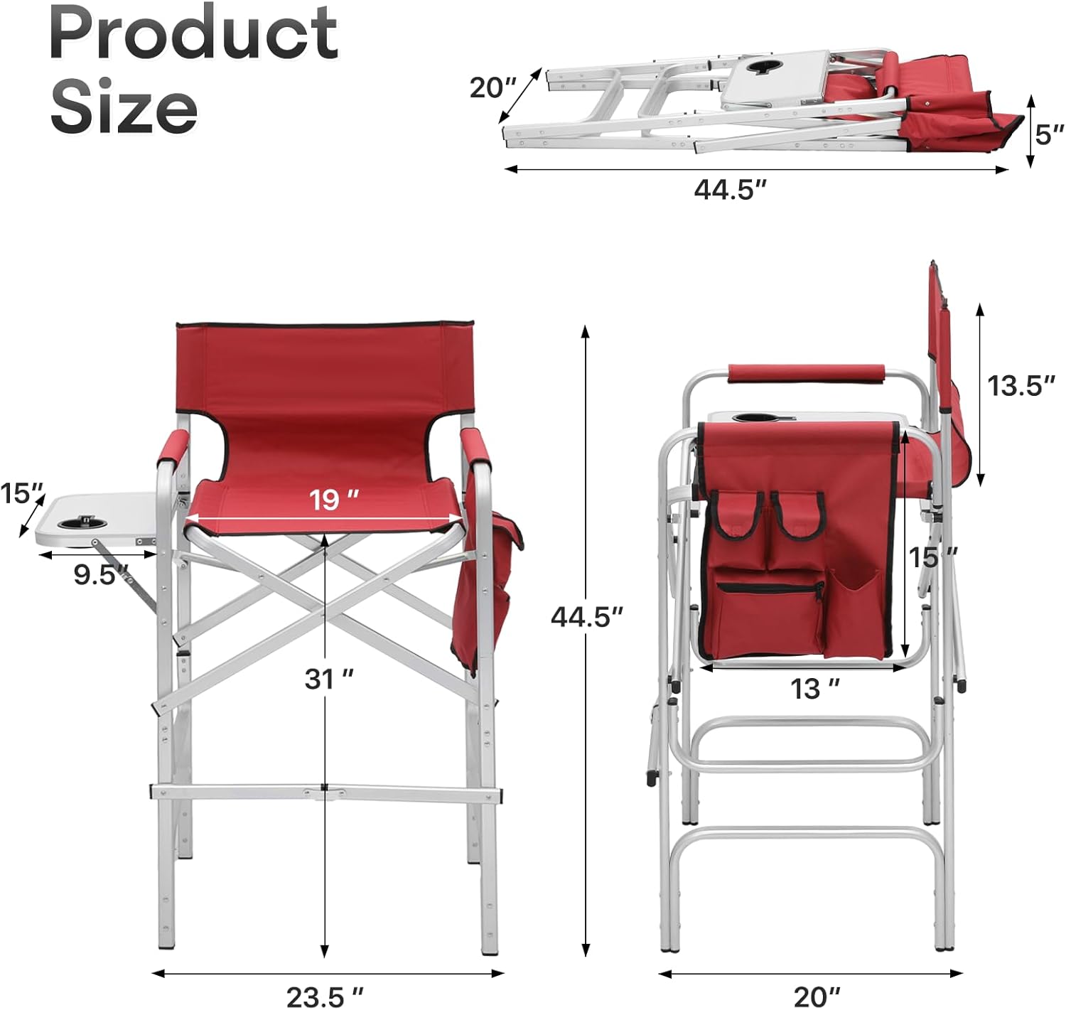 Athena Collection 44.5" Tall Directors Chair, Folding Makeup Artist Chair with Side Table Cup Holder Pocket Footrest, Outdoor Portable High Chair Barber Chair Supports 250LBS, Red