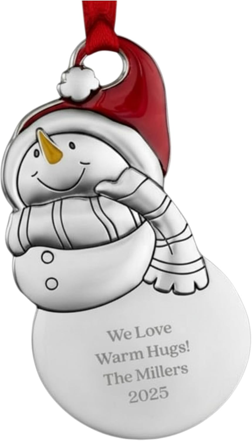 Personalization Universe Write Your Own Snowman Christmas Ornament - Custom Engraved 4-Lines - Heavy Silver Zinc Alloy w/Red Accents & Velvet Pouch - Personalized Holiday Decorations for Home