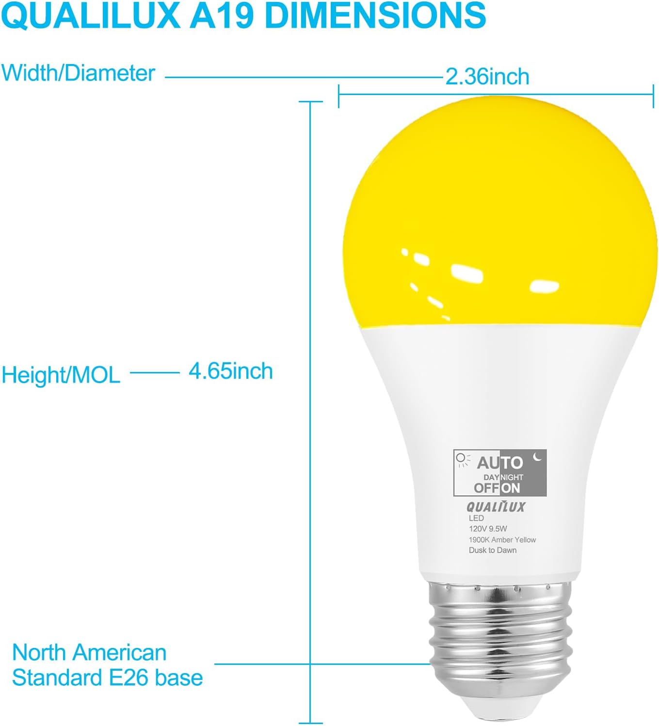 Qualilux Dusk to Dawn Bug Light Bulbs Outdoor, 1900K Amber Yellow, 600 Lumen, LED 9.5W, A19 E26, 2-Pack, HQ-H017