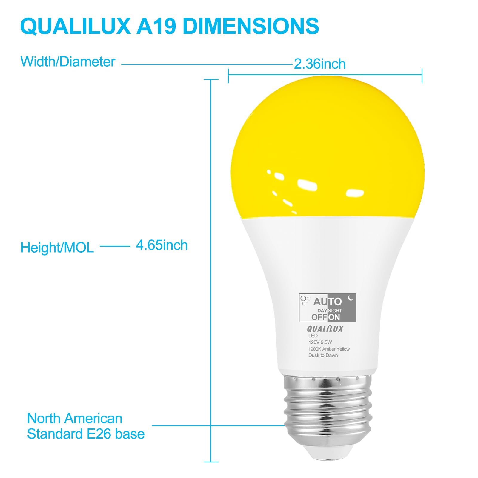 Qualilux Bombillas de insectos del atardecer al amanecer para exteriores, 1900 K amarillo ámbar, 600 lúmenes, LED 9.5 W, A19 E26, paquete de 4, HQ-H018