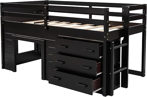 Miniatura 1 de HYC Cama alta baja con almacenamiento cama alta de madera de tamaño individual con armario y estante marco de cama alta para niños y niñas espresso