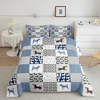Cartoon Dachshund Bedding Set Cute Puppy Dog Comforter Set Geometric Plaid Sausage Dog Comforter for Boys Girls Children Teens Dog Animal Blue Duvet Set Queen Size Quilt Set