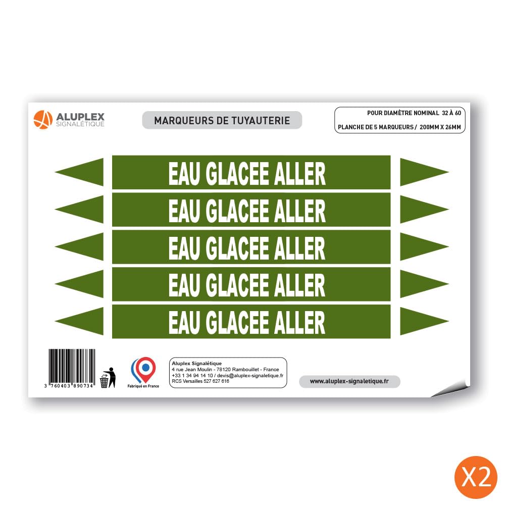 Planche de 10 marqueurs de tuyauterie EAU (Ø DM 32 à 60) pour fluide EAU GLACEE ALLER / 200 x 26mm