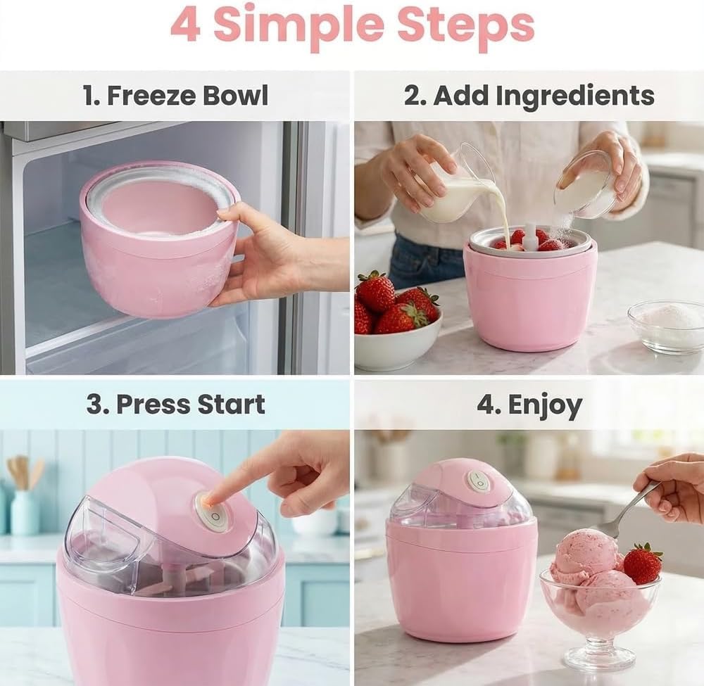 Mini Gelatiera, Piccola Macchina Per Dessert Personale Domestica Per Gelato, Sorbetto, Yogurt Gelato, Gelatiera Individuale, Mini Elettrodomestico Compatto Da Cucina Per La Casa Pink