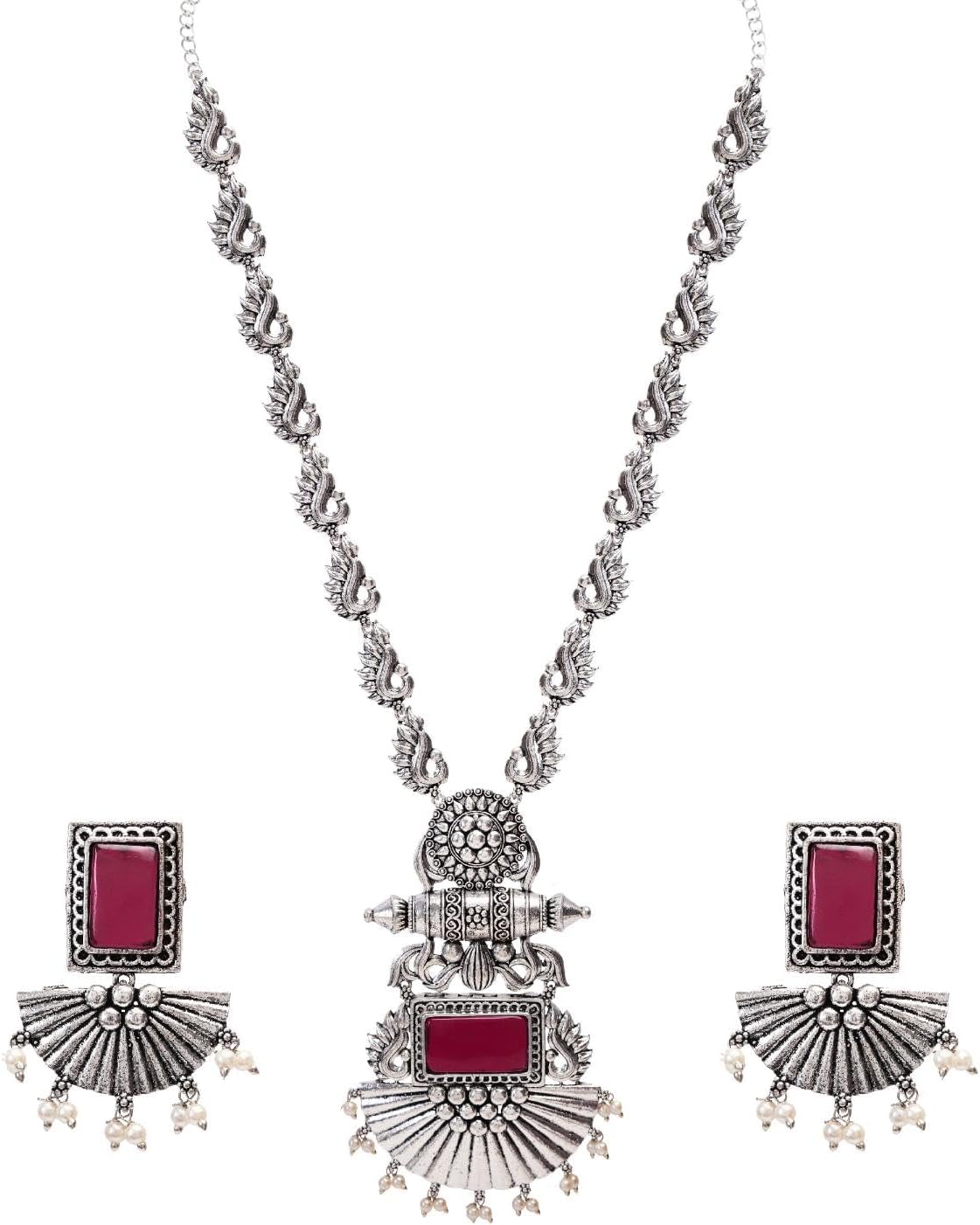 Efulgenz Oxidized Indian Jewelry Necklace Sets Indian Oxidized Jewelry Antique Boho Peacock Chain Pendant Crystal Necklace Set Faux Pearl Drop Jhumka Dangle Earrings Bohemian Statement Jewelry Set for Women