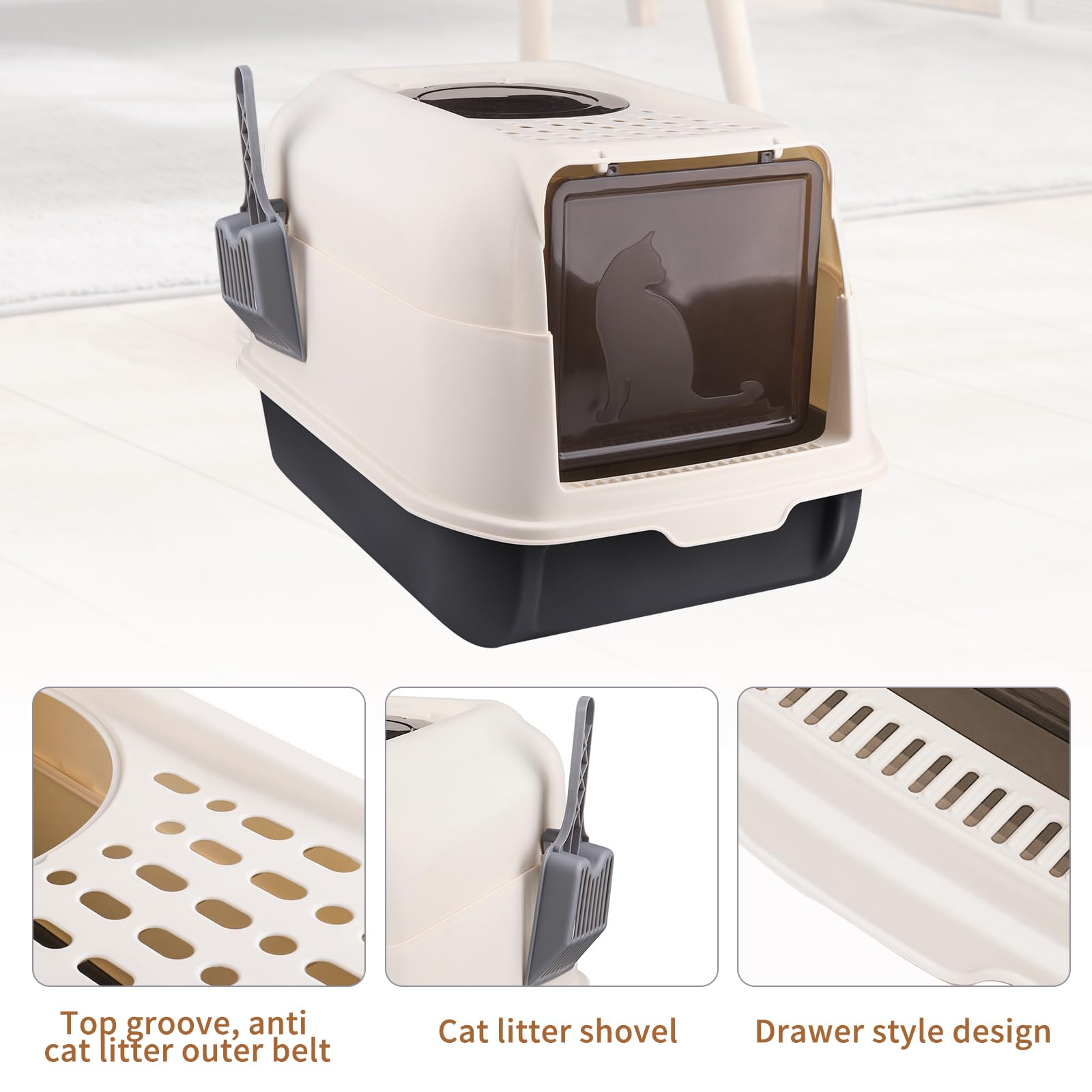 Bac à Litière Fermé pour Chat, Maison de Toilette, Plateau Amovible, Pelle, pour Grand Chat, Capacité de Charge 15 kg,Anti-fuites 36 * 51 * 34 cm-Noir