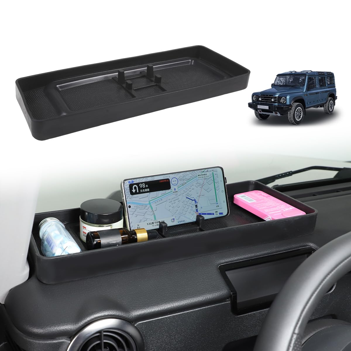 Jonkoko Black Dashboard Tray Dash Storage Box Console Tray Phone Key Organizer Container For Ineos Grenadier 2020-2024 Center Console Tray ,Screen Rear Storage Box Hidden Tray (Dashboard Tray Dash Storage Box)