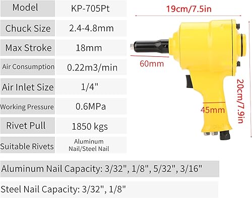 Miniatura 3 de Acogedor Pistola de remache neumática, remachadora neumática, pistola remachadora con empuñadura de pistola, herramienta de remachado accionada por
