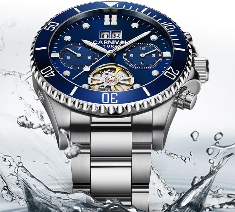 Carnival Skeleton Men's Watch,Luxury Stainless Steel Sports Automatic Mechanical Wristwatch,100FT Waterproof Hands Self-Wind Watchwaterproof
