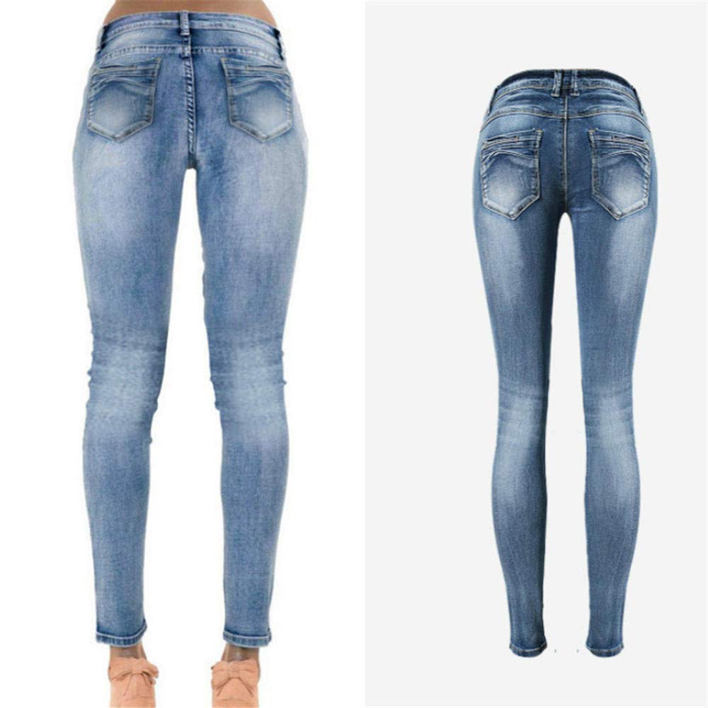 Niedrige Taille Blau zerkratzte Jeans Frauen Mode Loch Distressed Ripped Jeans Femme Push Up gebleichte Vintage Pantalones Mujer-36