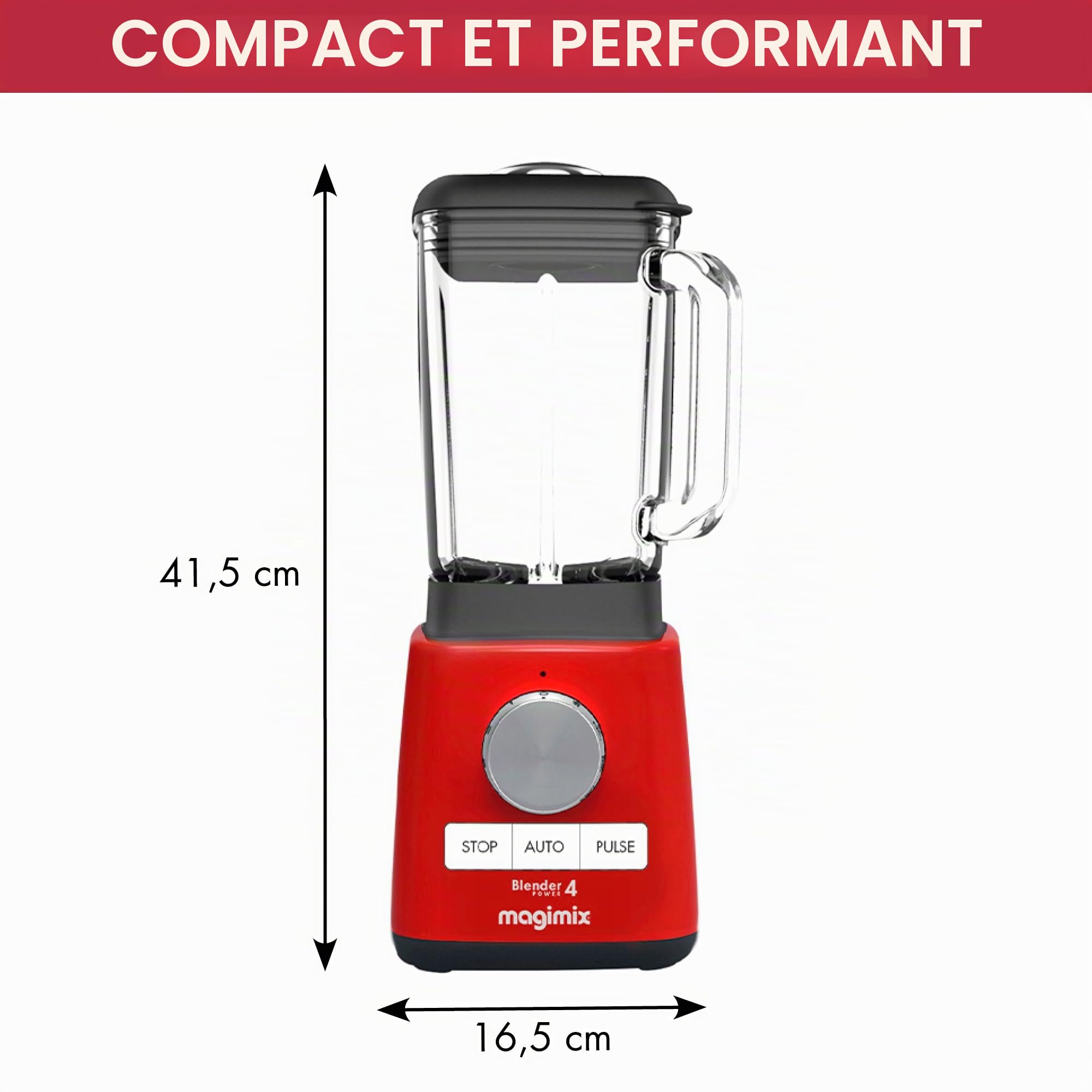 magimix Blender – Blender Power -1300 W avec Bol en Verre Borosilicate 1,8 L – 4 Programmes Automatiques (Smoothies, Soupes, Glace Pilée, Desserts Glacés) – Technologie BlenderMix – Sans BPA, Rouge