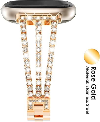 Miniatura 2 de Fullife Compatible con Fitbit Versa 3Fitbit Versa 4 con diamantes de cristal, correa de acero para Fitbit SenseFitbit Sense 2 para mujer, oro rosa