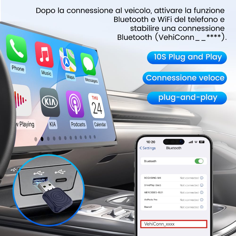 Carlinkit Mini adattatore wireless Ultra CarPlay per iPhone, adattatore wireless Android per auto, converte cablato in wireless CarPlay e Android Auto, configurazione plug-and-play, compatibile con