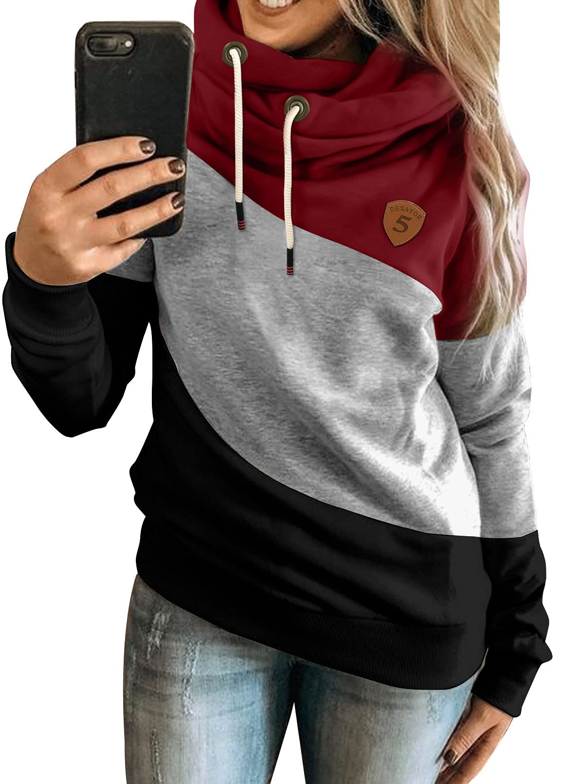 Dokotoo Damen Kapuzenpullover Stehkragen Hoodie Pullover Farbblock Sweatshirt Langarmshirt Oberteile für Herbst Winter S-3XL