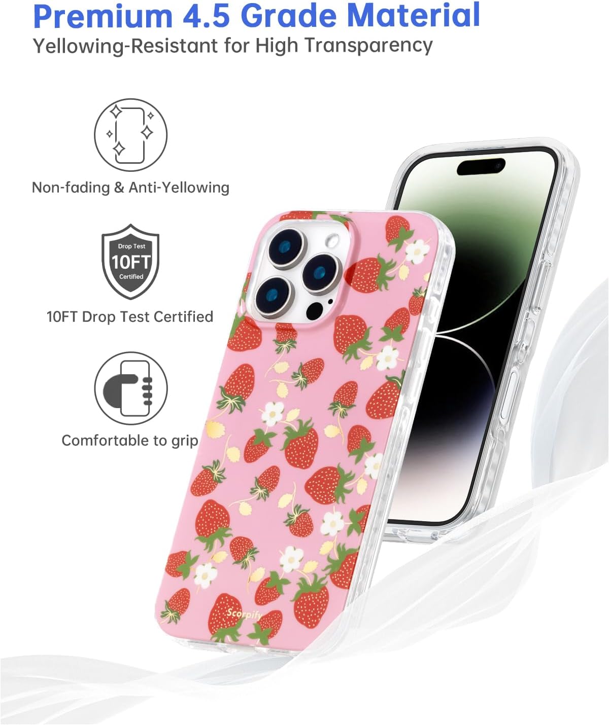 SCORPIFY for iPhone 16 Pro Case [Compatible with MagSafe] with Strawberry Party Fruit Design, Cute Floral Magnetic Phone Cover for Women Girls, Pink Slim Flower Bumper with Gold Accents