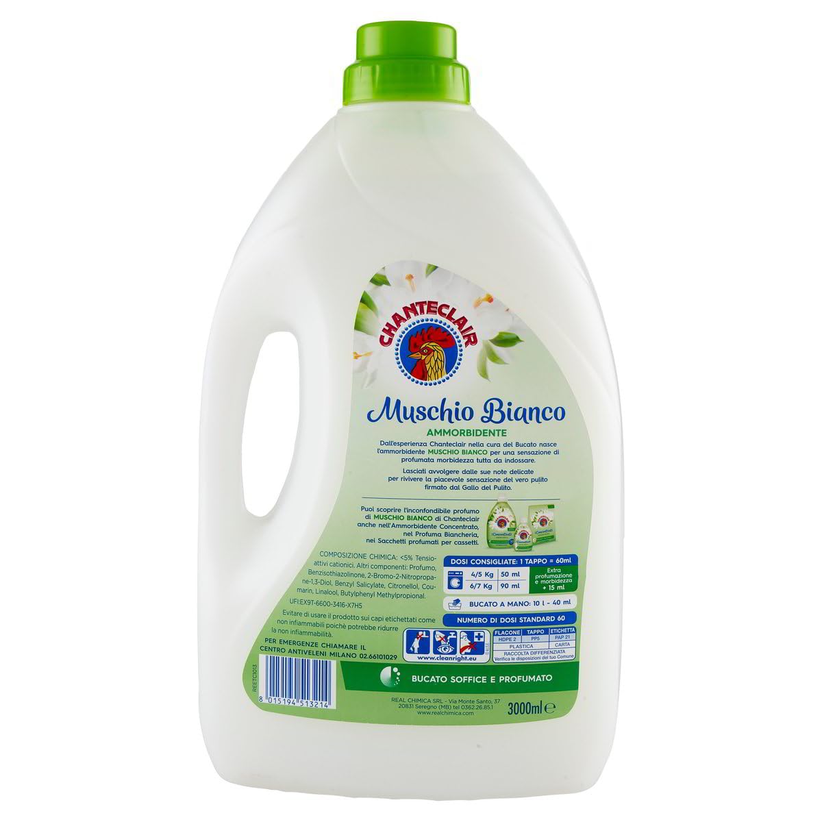 4x Chanteclair Ammorbidente Diluito Muschio Bianco - 60 Lavaggi - Bucato Soffice e Delicato,Flaconi da 3Lt + Portachiavi Beni Culinari in Omaggio