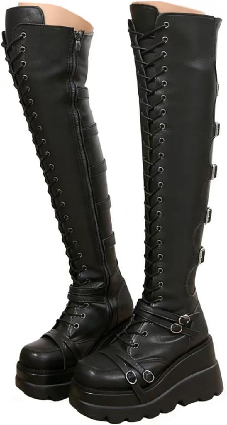 Over the Knee Boots for Women Goth Punk Boots Thigh High Boots Womens Wedges Zip Combat Motorcycle Boots with Buckles