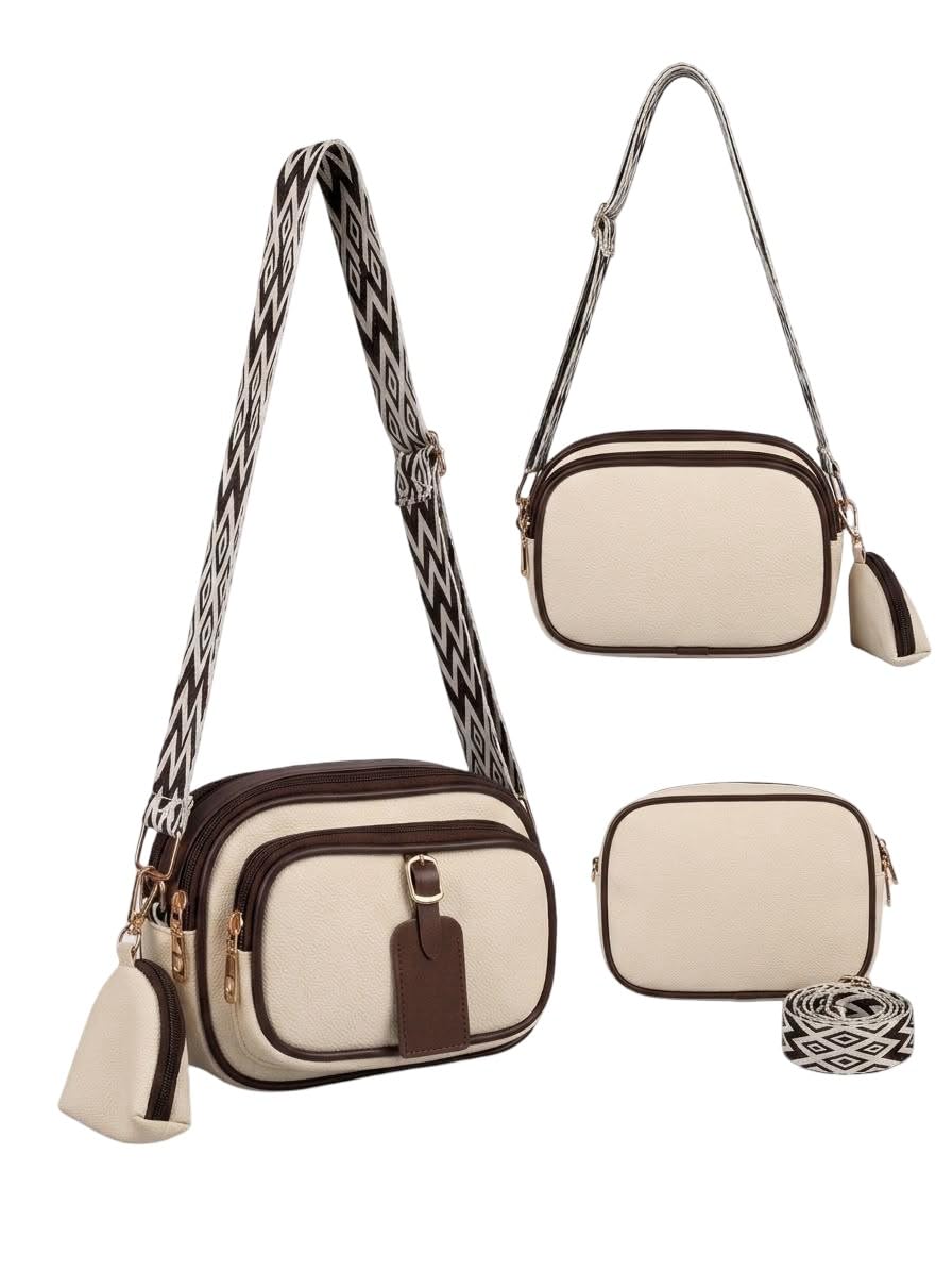 Women's PU Leather Crossbody Sling Bag with Adjustable Printed Strap, Multi Pocket Shoulder Bag, Zipper Closure, Detachable Coin Pouch, Casual Travel Handbag for Women & Girls (Cream & Brown)-image-21