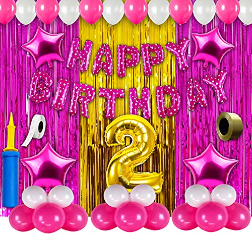 Image of Party Propz 2Nd Birthday Foil, Rubber, Latex Decoration Items For Girls -63Pcs Pink & Gold Decoration-2Nd Birthday Party Decorations, Birthday Decorations Kit For Girls 2Nd Birthday