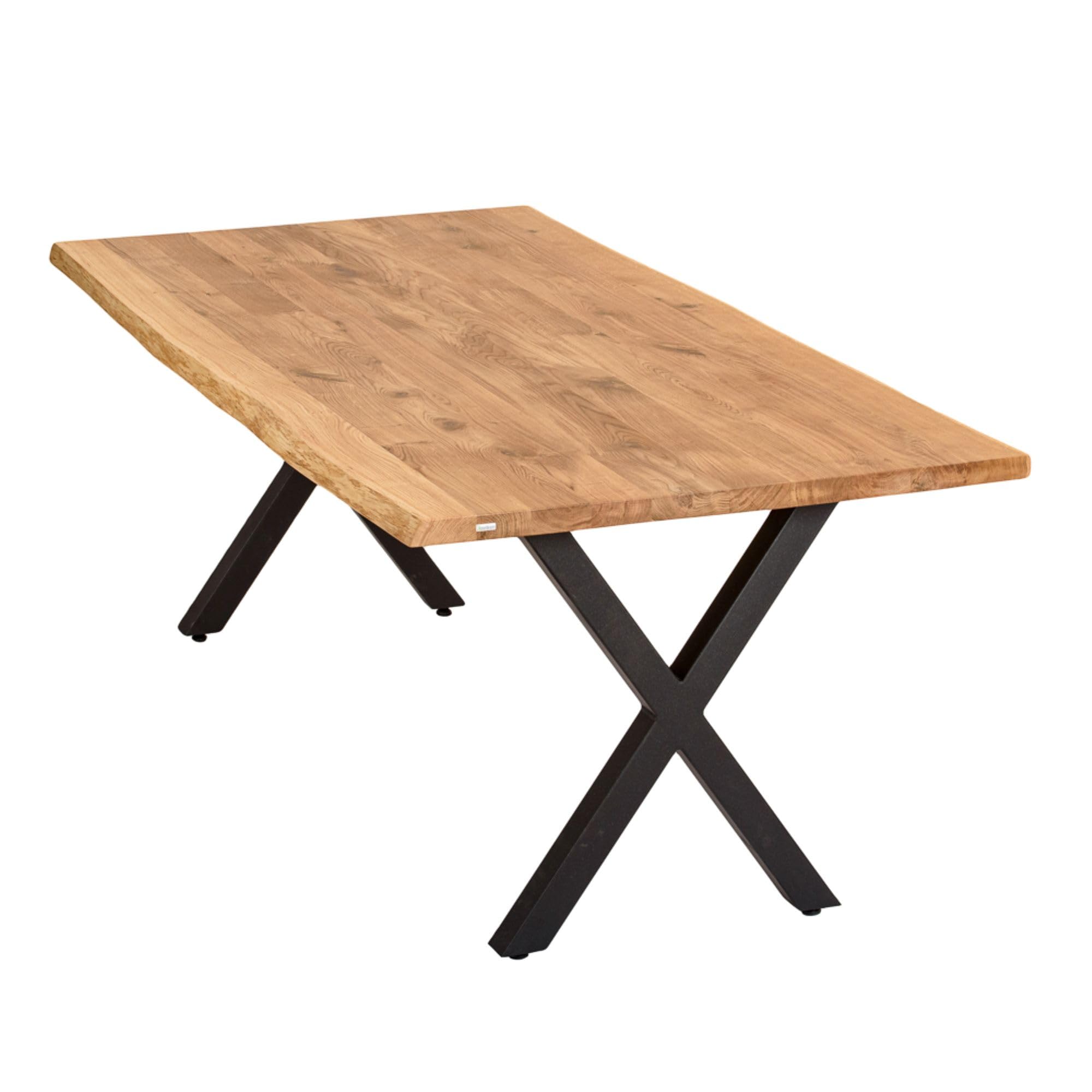Massivholztisch Eiche 220x100 cm mit Baumkante – Esszimmertisch mit 4 cm Tischplatte & X-Gestell aus Metall – moderner Esstisch, handgefertigt, Natürlich geölt