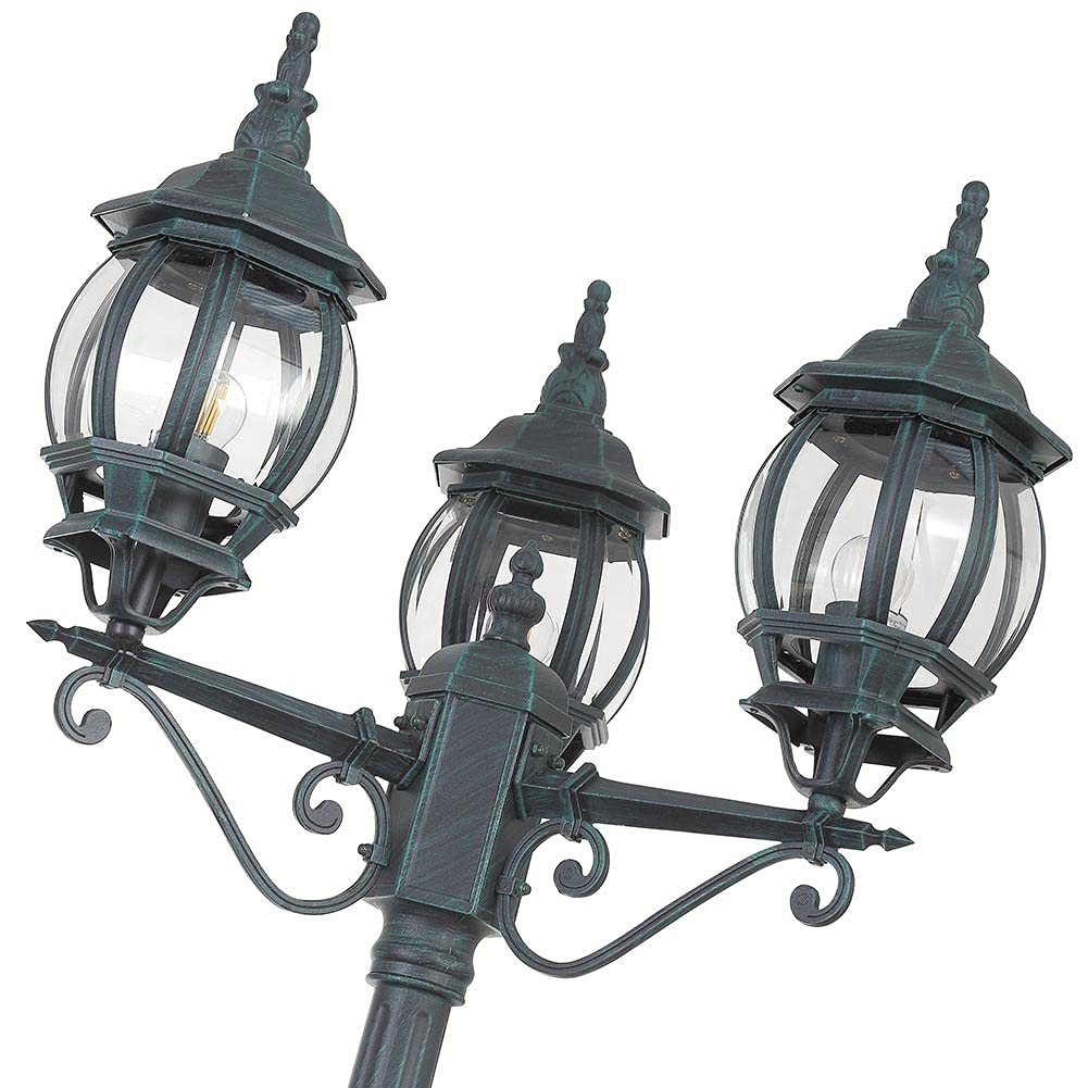 BAKAJI Lampione Vittoriano Classico da Giardino in Alluminio Lampada Lanterna Colore Grigio Finitura Anticata Verde Bronzo IP44 E27 (3 Luci 200 cm)