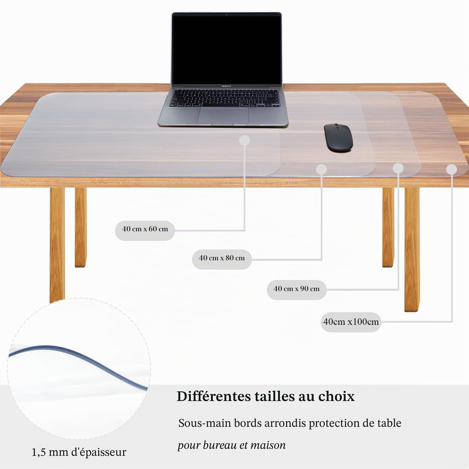Sous-main transparent 100 x 40 cm imperméable antidérapant bords ronds