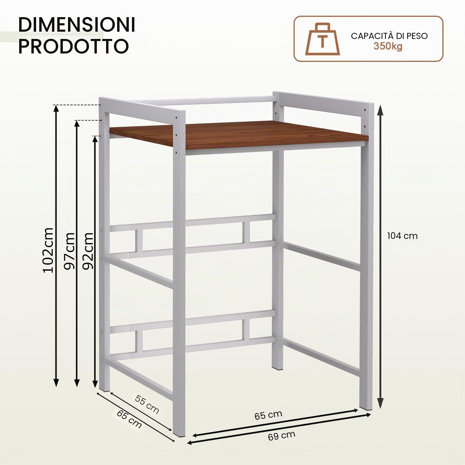Scaffale per Lavatrice e Asciugatrice, Mobile Lavatrice Altezza regolabile in 3 Posizioni, Fino a 350 kg, Mobile per Lavatrice e Asciugatrice, 69 x 65 x 102 cm (Bianco)