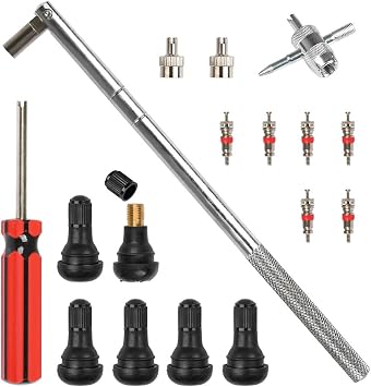 FOCCTS 17PCS Tire Valve Stem Tool Puller and Installer Kit, 6 Pcs TR412 Tubeless Tire Valve Stems with Valve Stem Cores, Single Head Tire Valve Core Remover Tire Repair Install Tool