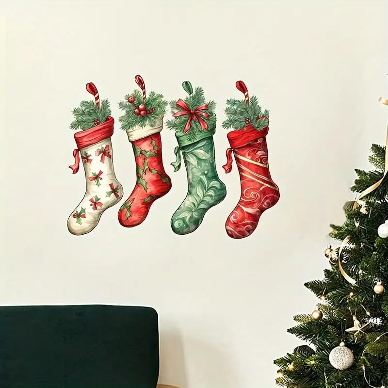 Christmas Stocking Toilet Cover Sticker Decals,Fish Bird Flower Leaf Waterproof Toilet Lid Tank Seat Decals Cistern Self-Adhesive Bathroom Wall Sticker