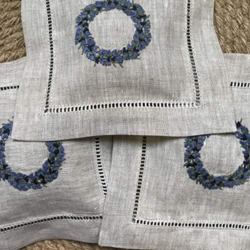 Hand Embroidered Lavender Pillow Sachet Bag “Lavender Crown” Natural Linen Cushion 6"X6", Set Of 3 #TOP1