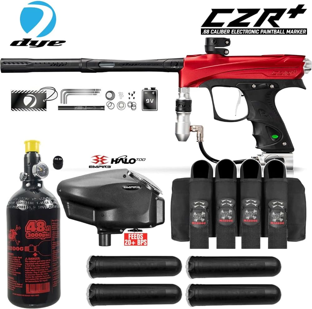 Maddog DYE CZR+ Full Auto Electronic Paintball Gun Marker Advanced Starter Package | HPA Tank, Empire Halo Too Loader, Paintball Harness & Pods