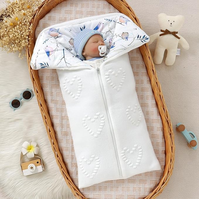 Image of Baby Winter Thick Swaddle Blankets Newborn Heart Dots Receiving Blanket Infant Soft Knit Warm Stroller Wraps for Baby Boys Girls (White)