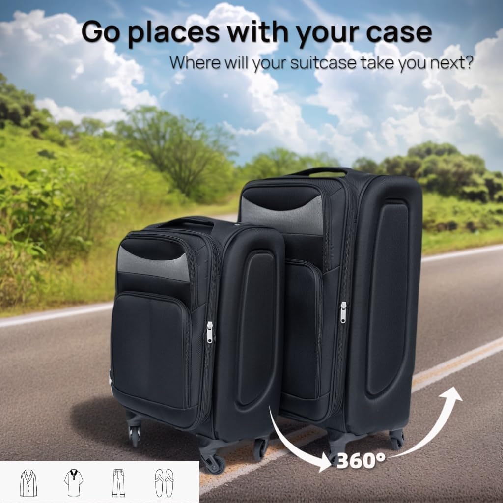 2 Piece Luggage sets - 20/24 Inch Lightweight Oxford Fabric softside Suitcase with 360° Spinner Wheels, Water-Resistant Travel Case (Password lock not Included) (Black)