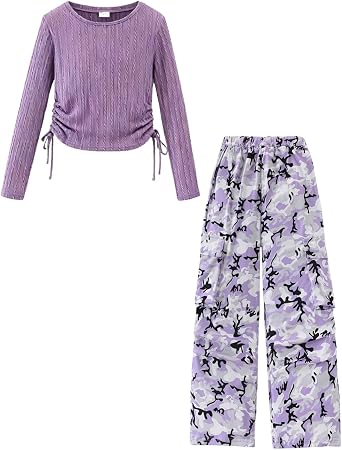 Azmxynol Tween Girls Clothes 2 Piece Long Sleeve Top + Cargo Pants, Teen Girls Fall Clothing Set, Sizes 7-15 Years