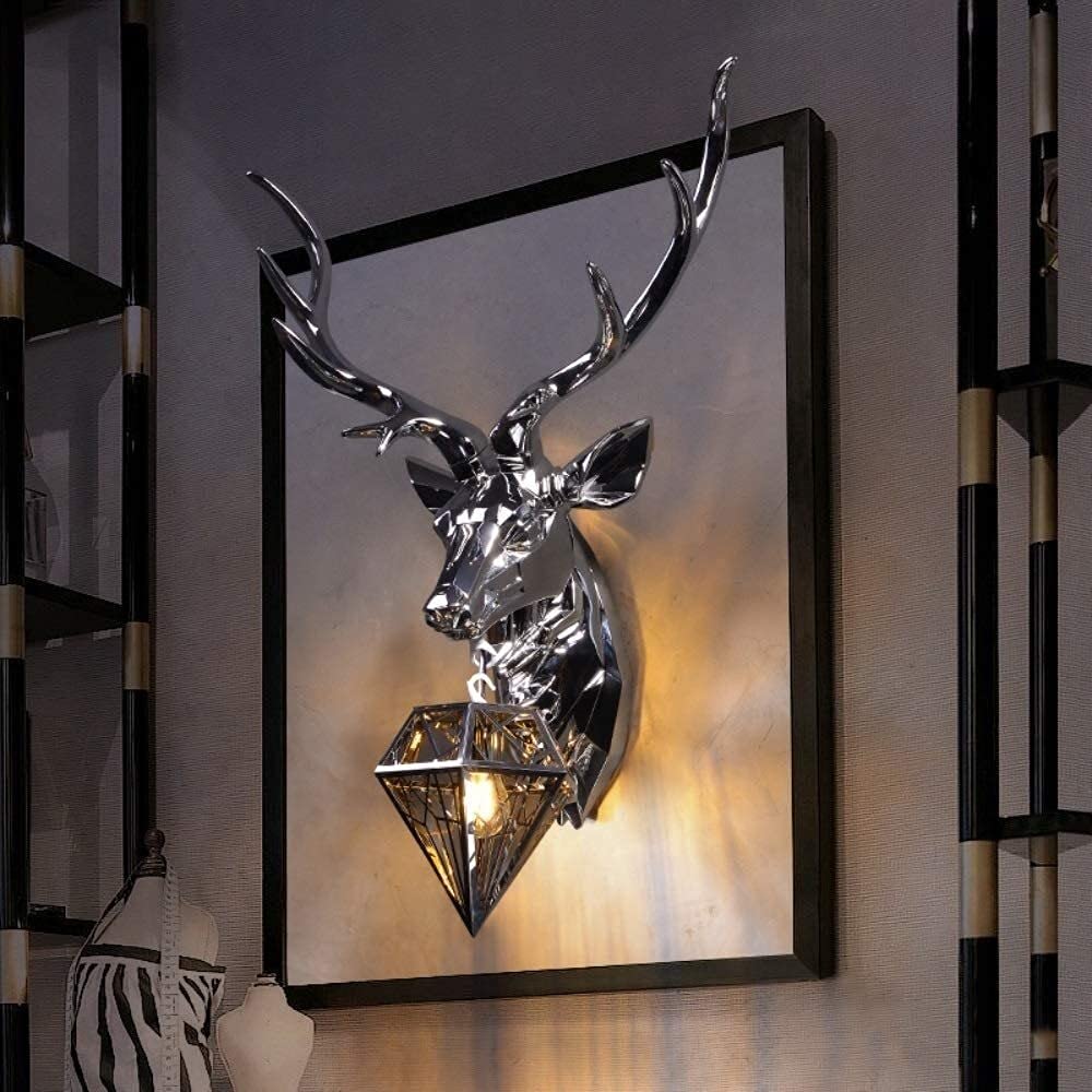 VDOQTLJT Polishing Electroplating Wall Light Background Decoration Sconce Resin Lamp Deer Head Antler Stainless Steel Lampshade Creativity LED Bedroom Study Beautify