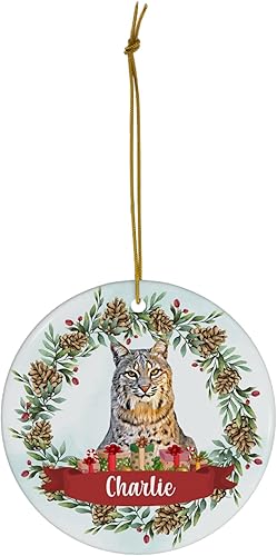 Miniatura 2 de Diseño temático de piñas con nombre personalizado Bobcat adornos de Navidad 2024 círculo blanco cerámica salvaje amante regalos