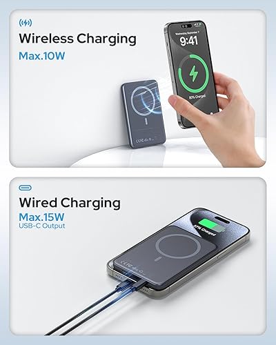 Miniatura 5 de Cargador portátil Magsafe, banco de energía magnético inalámbrico delgado de 5000 mAh con carga USB C, esencial de viaje para batería Magsafe